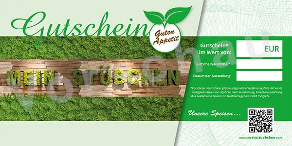 Gutschein vom Restaurant MEIN STÜBCHEN mit Holz- und Moosoptik, QR-Code und Wertscheinfläche